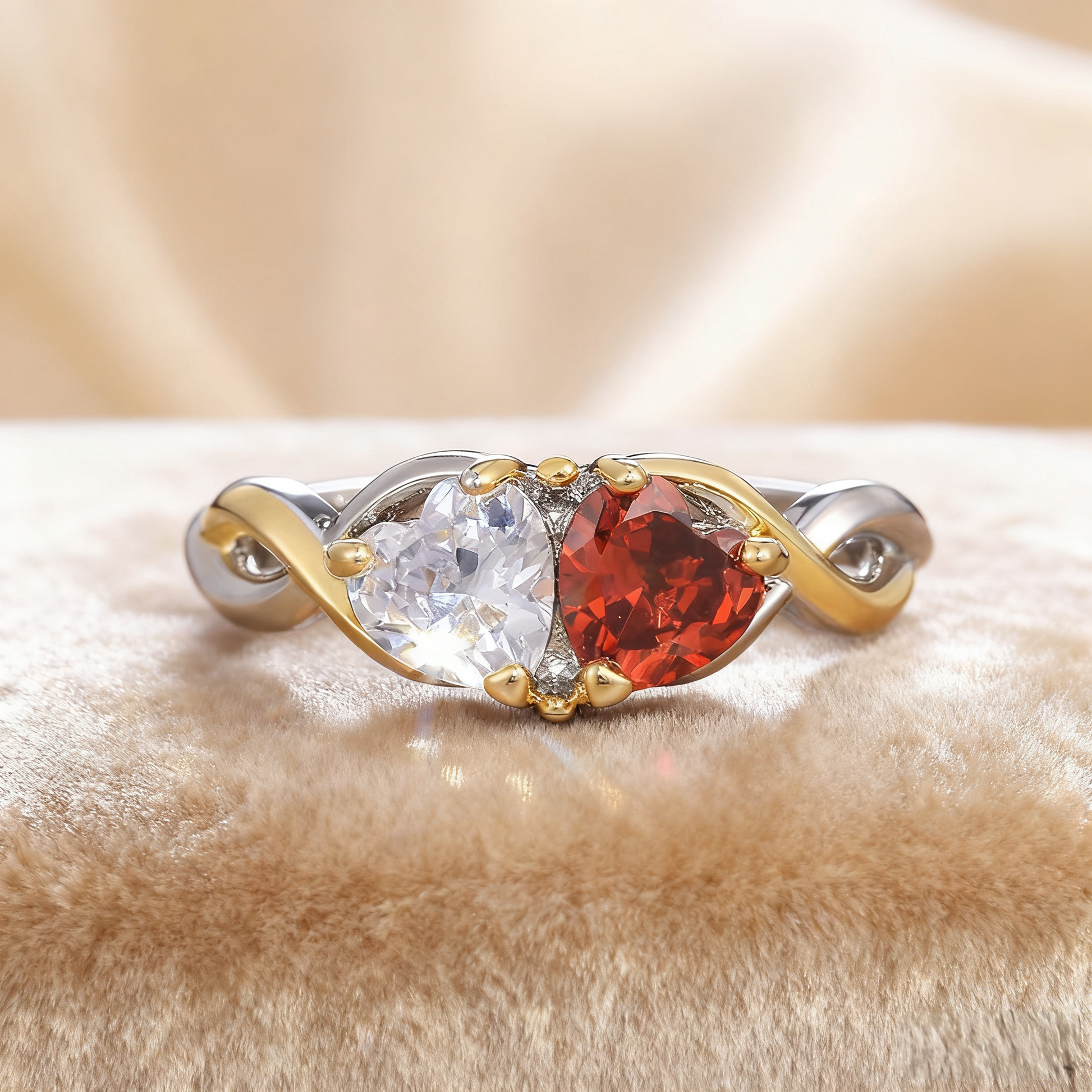 Toi et Moi Lab-Grown Ruby & Moissanite Ring | 925 Sterling Silver Gold Plated Two-Stone Engagement Ring - BOCOS Jewelry