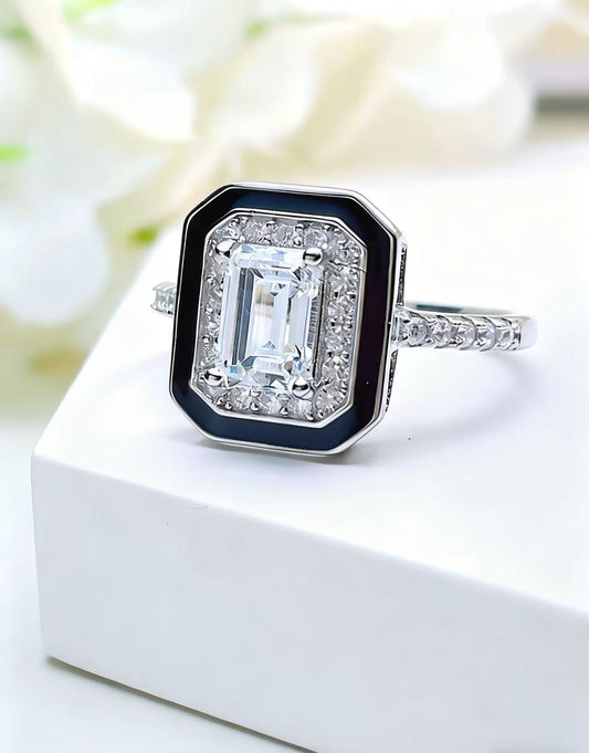 Emerald Cut Moissanite Men's Ring | 925 Sterling Silver Platinum Plated Black Enamel Halo Men's Ring - BOCOS Jewelry