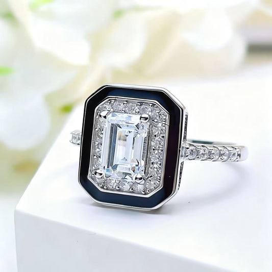 Emerald Cut Moissanite Men's Ring | 925 Sterling Silver Platinum Plated Black Enamel Halo Men's Ring - BOCOS Jewelry