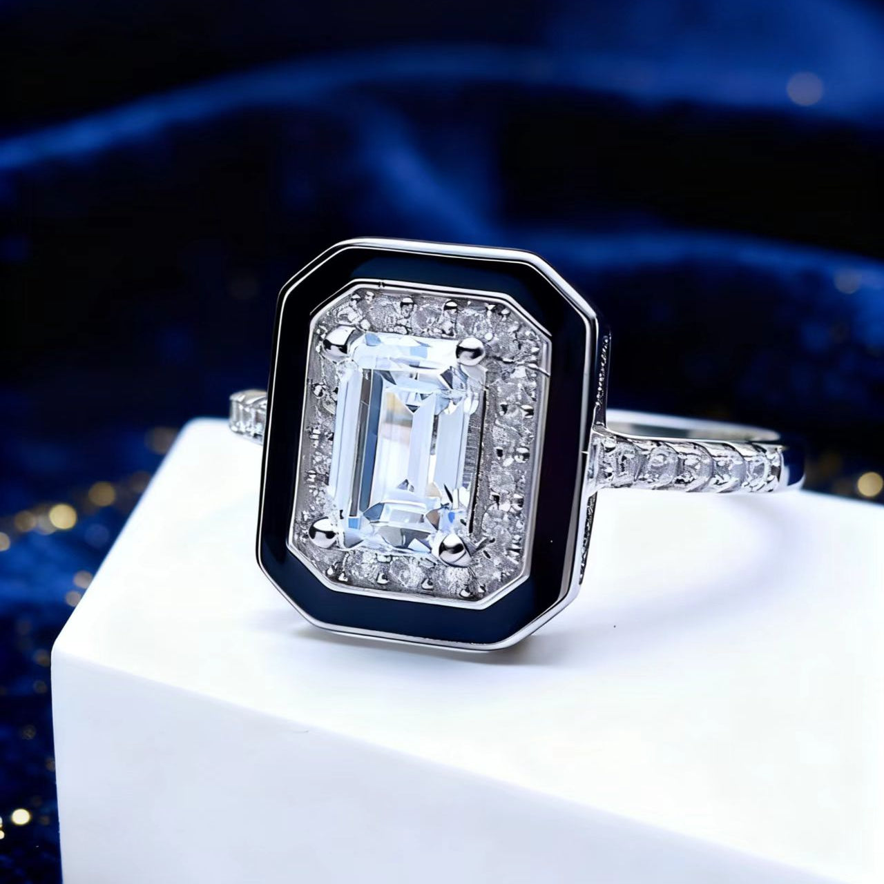 Emerald Cut Moissanite Men's Ring | 925 Sterling Silver Platinum Plated Black Enamel Halo Men's Ring - BOCOS Jewelry