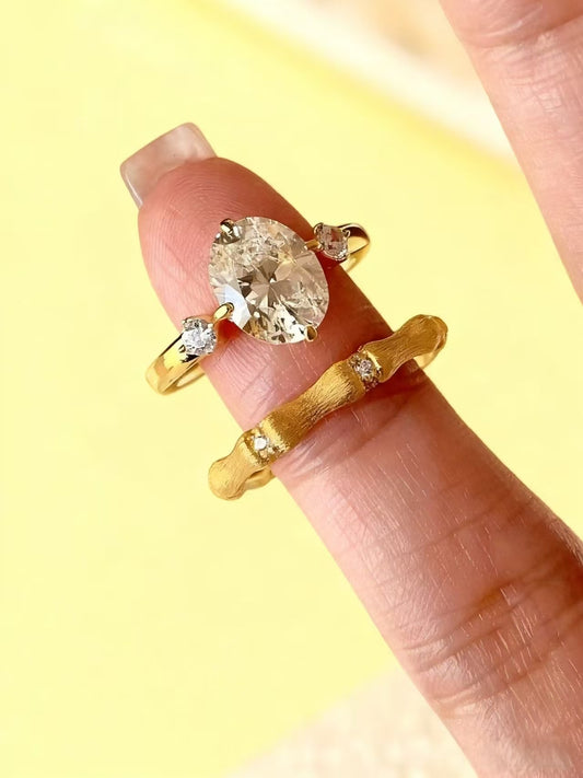2ct Oval Cut Moissanite Ring Set | Bamboo Design 925 Silver Gold Plated Stackable Ring for Women - BOCOS Jewelry