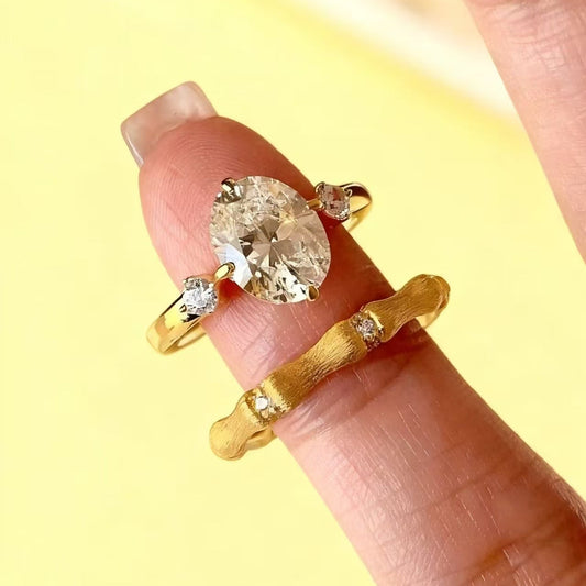 2ct Oval Cut Moissanite Ring Set | Bamboo Design 925 Silver Gold Plated Stackable Ring for Women - BOCOS Jewelry