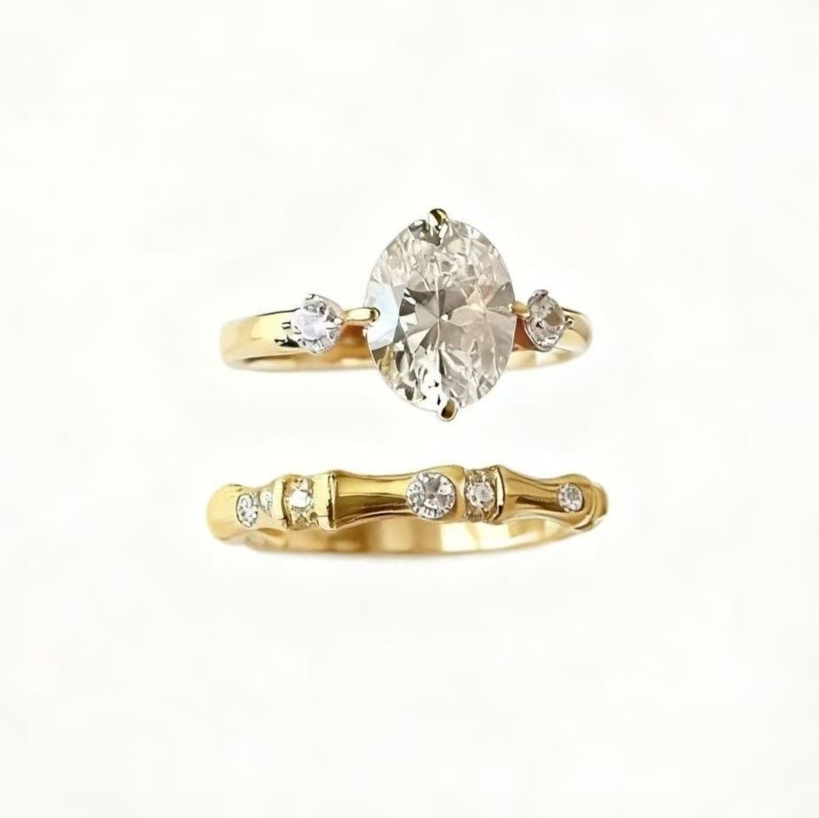 2ct Oval Cut Moissanite Ring Set | Bamboo Design 925 Silver Gold Plated Stackable Ring for Women - BOCOS Jewelry