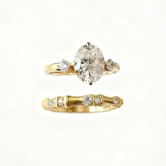 2ct Oval Cut Moissanite Ring Set | Bamboo Design 925 Silver Gold Plated Stackable Ring for Women - BOCOS Jewelry