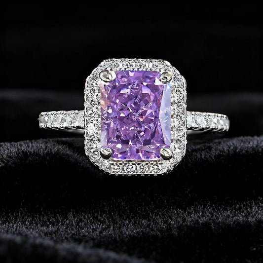 Radiant Cut Lab-Grown Purple Sapphire Ring | Moissanite Halo 925 Sterling Silver Platinum Plated Ring for Women - BOCOS Jewelry