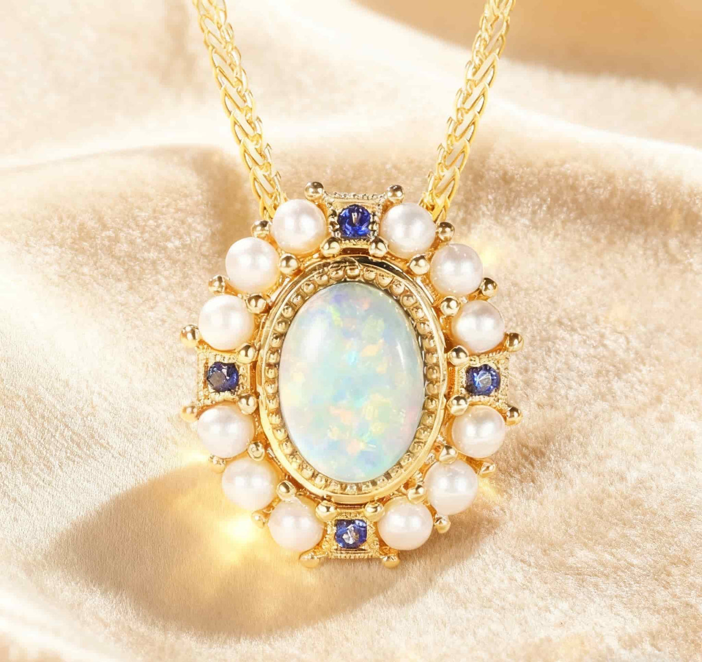 Oval Opal Pendant with Freshwater Pearls & 0.05ct Lab-Grown Sapphire | 18K Gold Plated 925 Silver Vintage-Style Necklace - BOCOS Jewelry