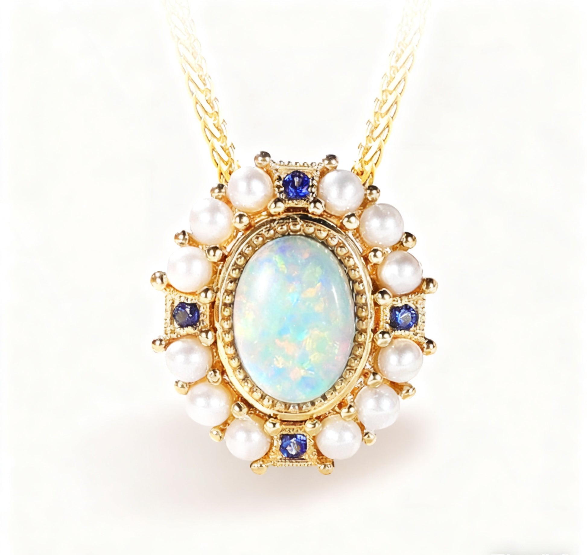 Oval Opal Pendant with Freshwater Pearls & 0.05ct Lab-Grown Sapphire | 18K Gold Plated 925 Silver Vintage-Style Necklace - BOCOS Jewelry