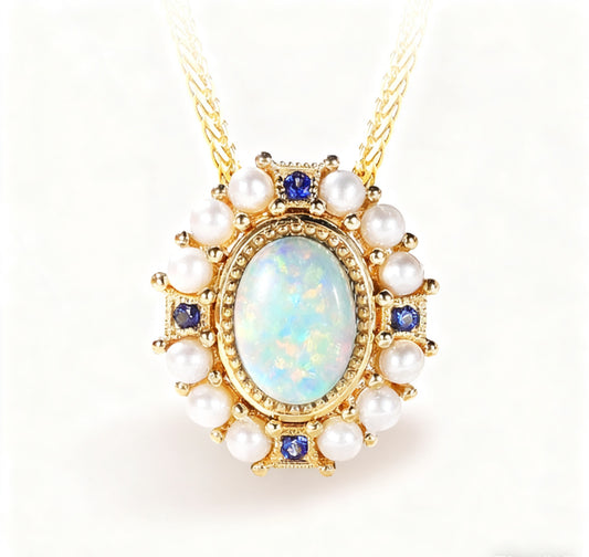 Oval Opal Pendant with Freshwater Pearls & 0.05ct Lab-Grown Sapphire | 18K Gold Plated 925 Silver Vintage-Style Necklace - BOCOS Jewelry