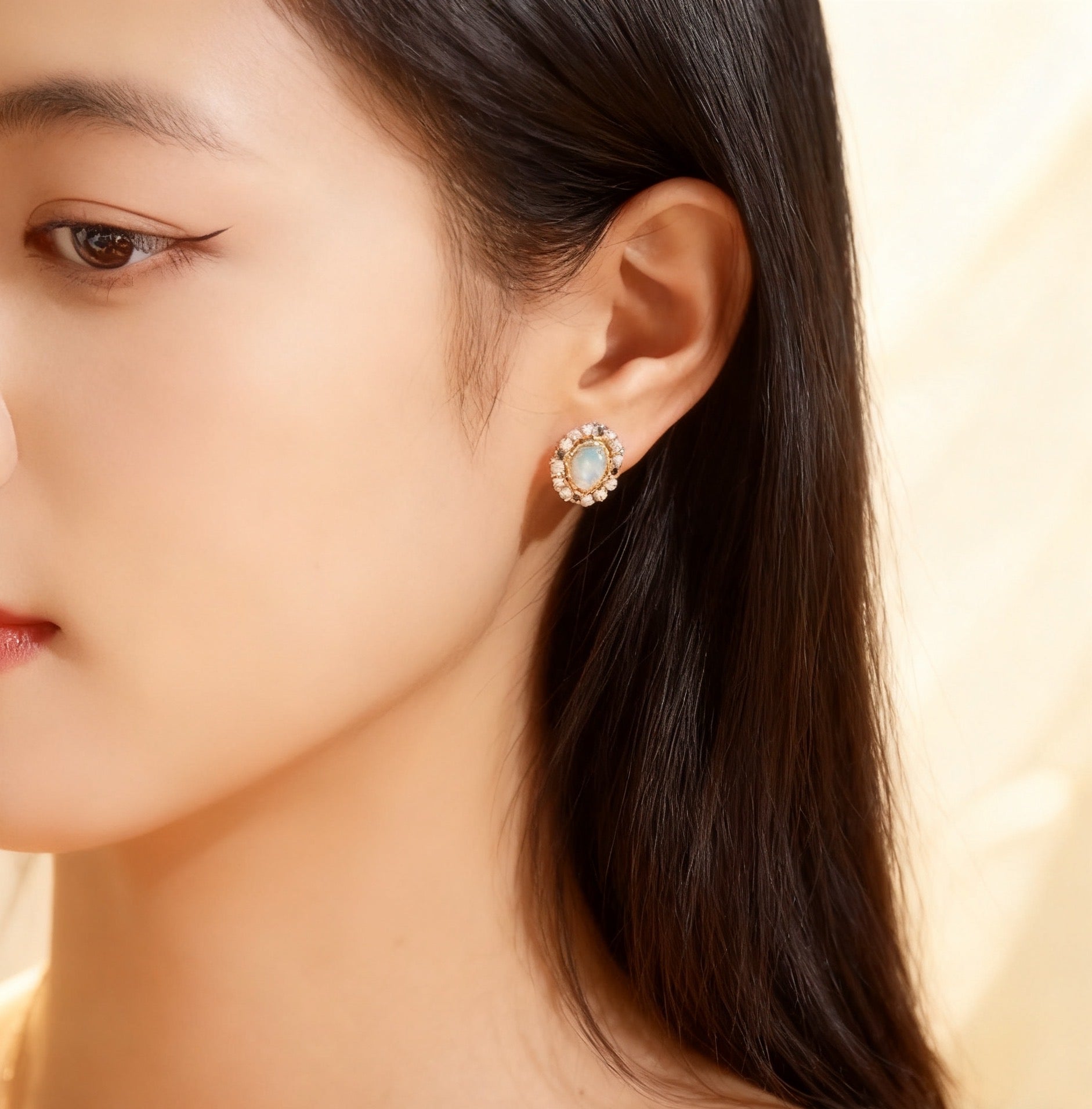 Vintage Opal Stud Earrings with Freshwater Pearls & 0.10ct Lab-Grown Sapphire | 18K Gold Plated 925 Sterling Silver Retro Earrings - BOCOS Jewelry