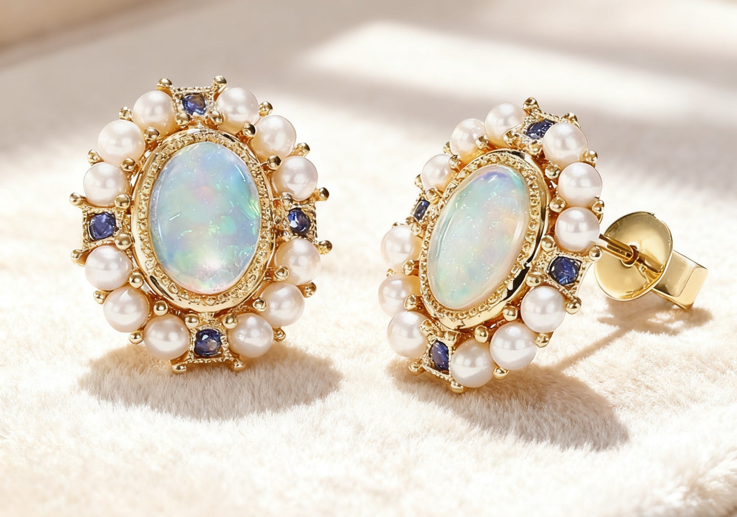 Vintage Opal Stud Earrings with Freshwater Pearls & 0.10ct Lab-Grown Sapphire | 18K Gold Plated 925 Sterling Silver Retro Earrings - BOCOS Jewelry