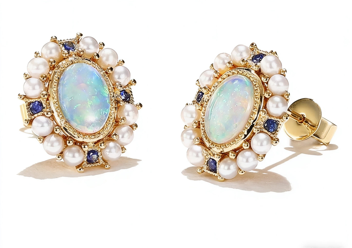 Vintage Opal Stud Earrings with Freshwater Pearls & 0.10ct Lab-Grown Sapphire | 18K Gold Plated 925 Sterling Silver Retro Earrings - BOCOS Jewelry