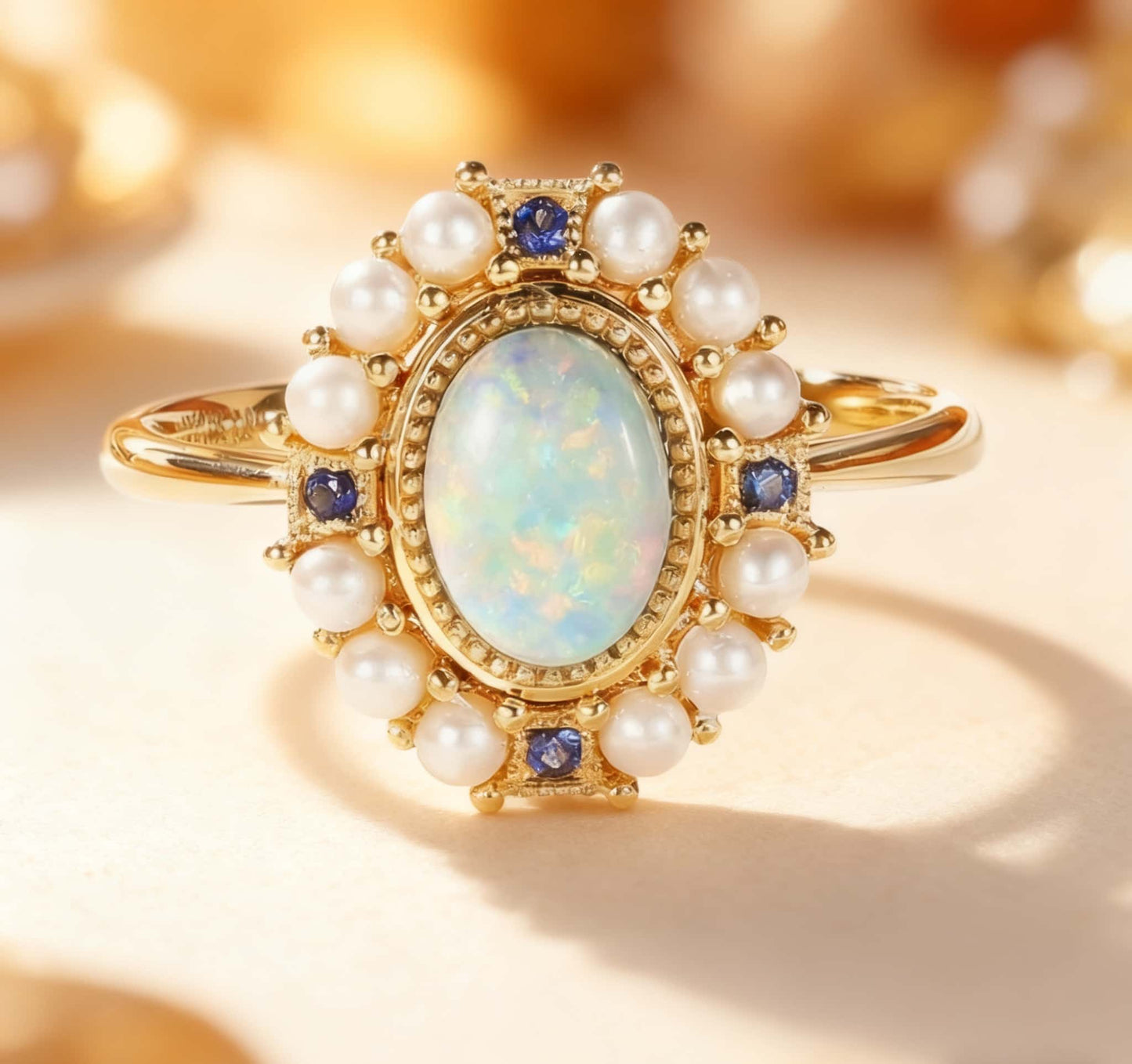 Vintage Opal Ring with Freshwater Pearls & Lab-Grown Sapphire | 18K Gold Plated 925 Sterling Silver Retro Ring - BOCOS Jewelry