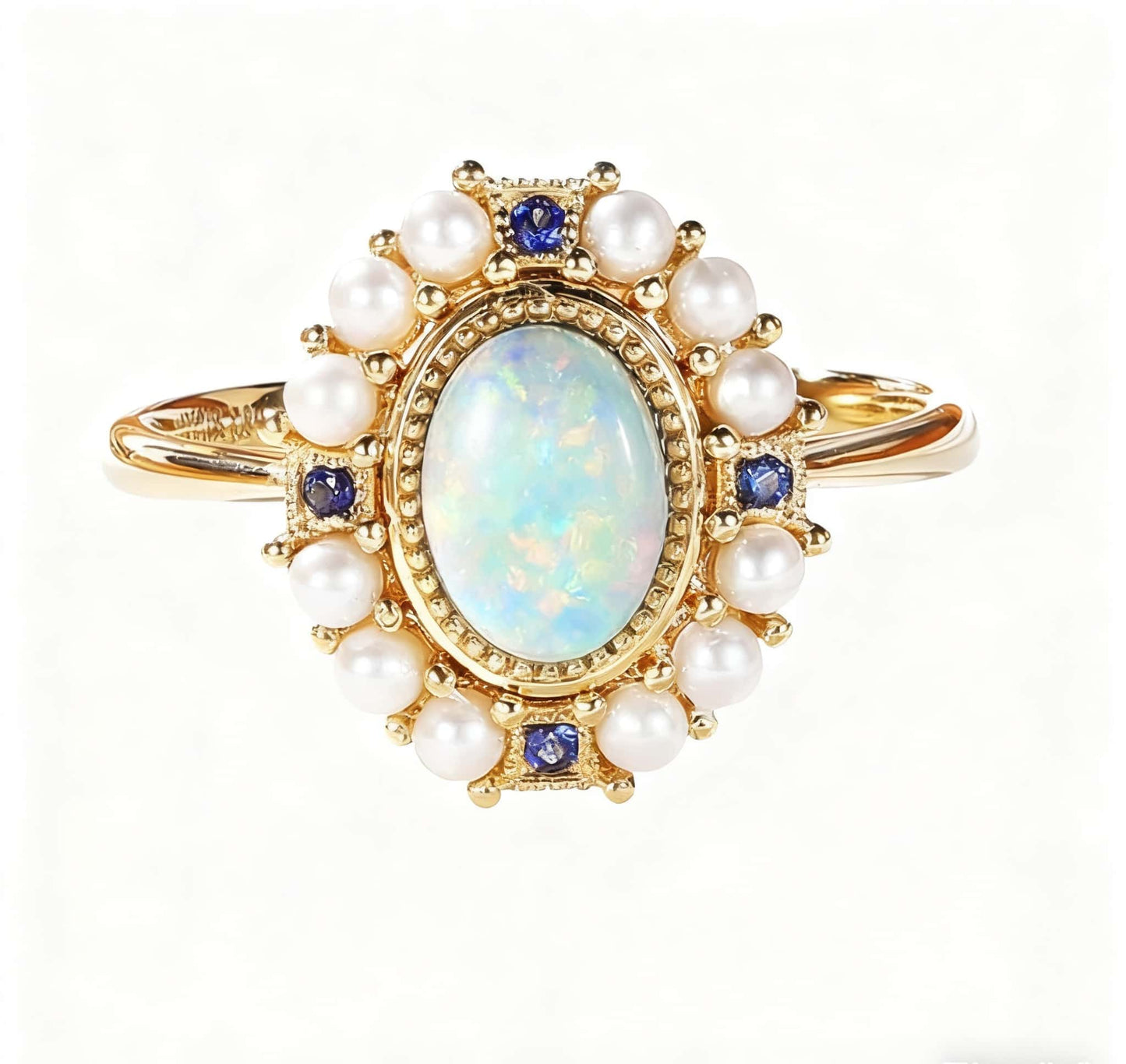Vintage Opal Ring with Freshwater Pearls & Lab-Grown Sapphire | 18K Gold Plated 925 Sterling Silver Retro Ring - BOCOS Jewelry