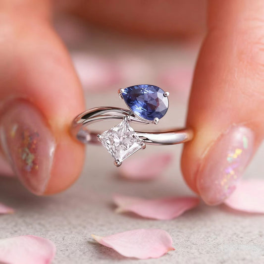 Toi et Moi 1ct Princess Cut Moissanite & 1ct Pear Lab-Grown Blue Sapphire Ring | 925 Sterling Silver Platinum Plated Two-Stone Statement Ring - BOCOS Jewelry