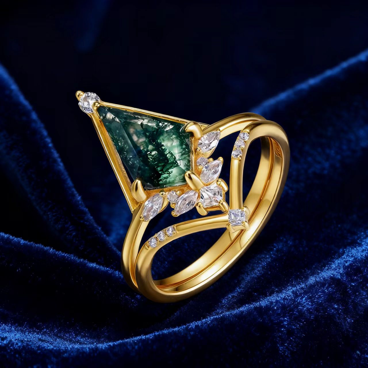 Geometric Moss Agate Ring with Moissanite | 18K Gold Plated 925 Sterling Silver Art Deco Ring - BOCOS Jewelry