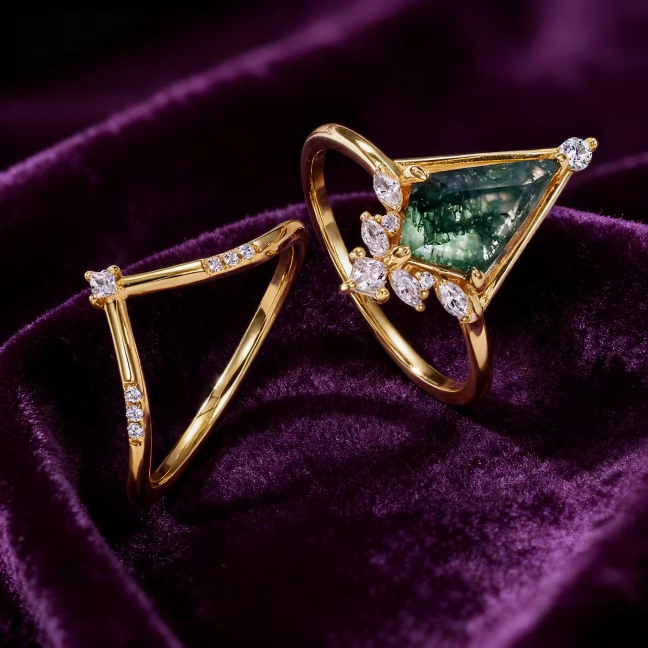 Geometric Moss Agate Ring with Moissanite | 18K Gold Plated 925 Sterling Silver Art Deco Ring - BOCOS Jewelry