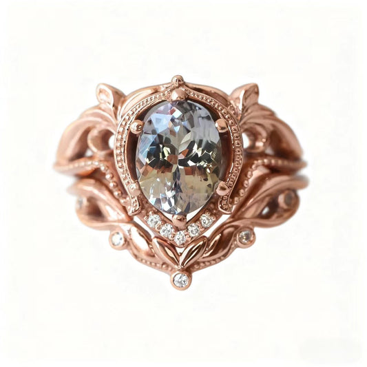 Vintage Oval Cut Morganite Ring with Moissanite | 18K Rose Gold Plated 925 Sterling Silver Art Nouveau Ring - BOCOS Jewelry