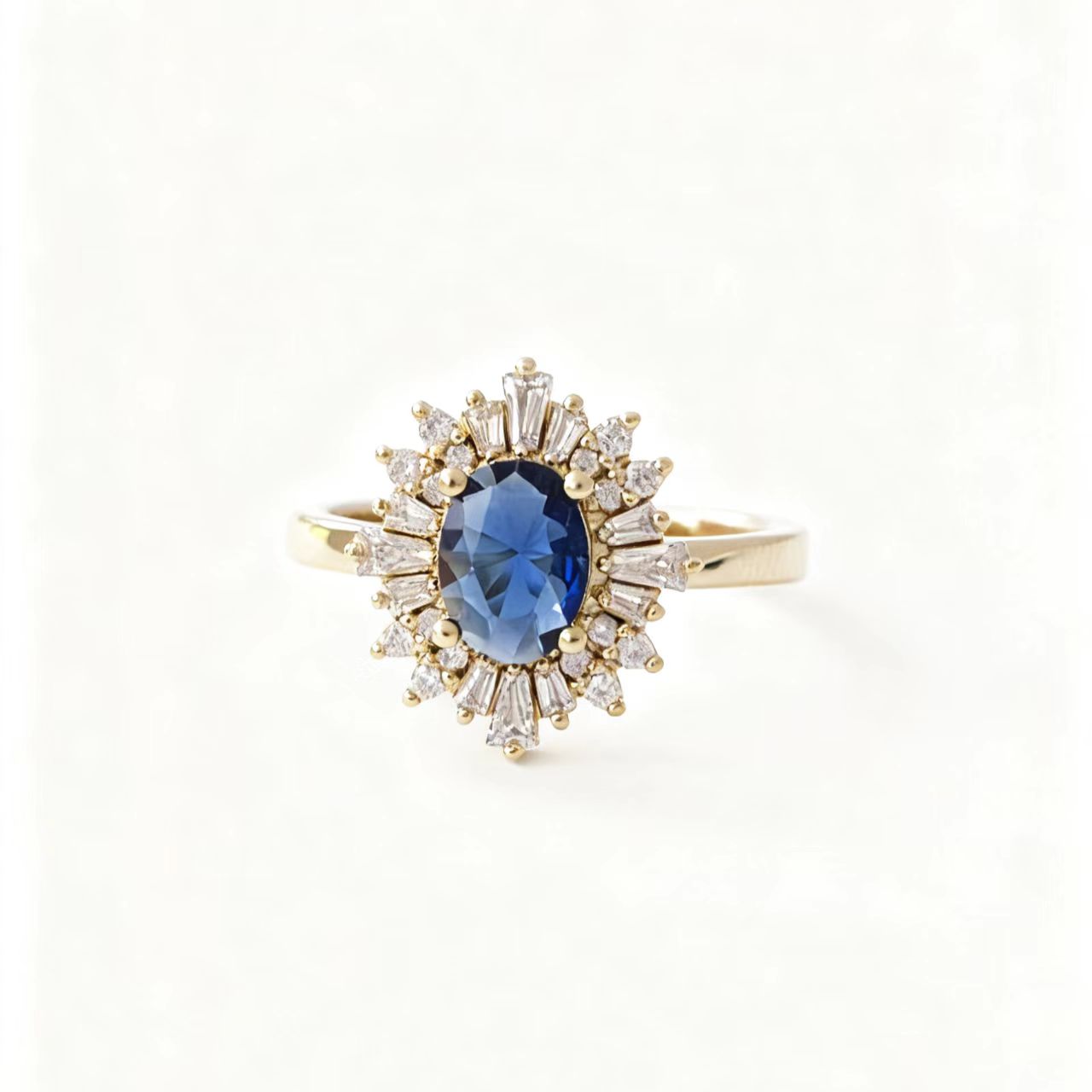 Oval Lab-Grown Blue Sapphire Ring with Moissanite Halo | 18K Gold Plated 925 Sterling Silver Vintage Firework Ring for Women - BOCOS Jewelry