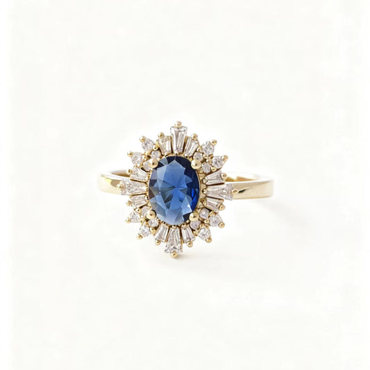 Oval Lab-Grown Blue Sapphire Ring with Moissanite Halo | 18K Gold Plated 925 Sterling Silver Vintage Firework Ring for Women - BOCOS Jewelry
