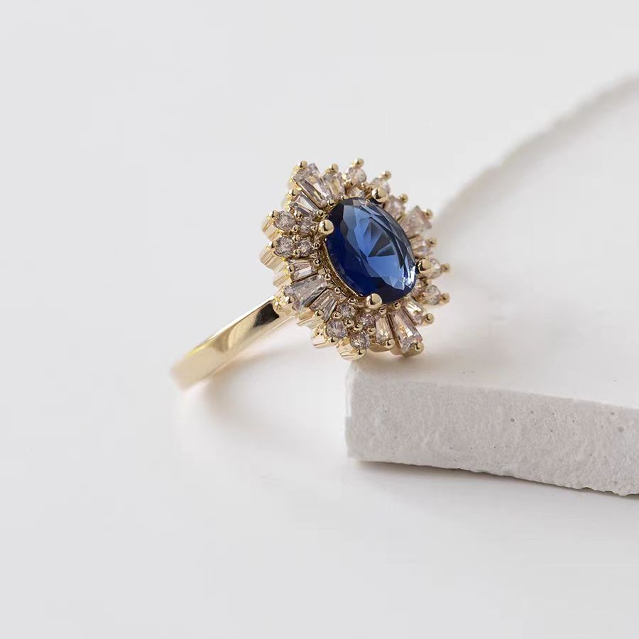 Oval Lab-Grown Blue Sapphire Ring with Moissanite Halo | 18K Gold Plated 925 Sterling Silver Vintage Firework Ring for Women - BOCOS Jewelry