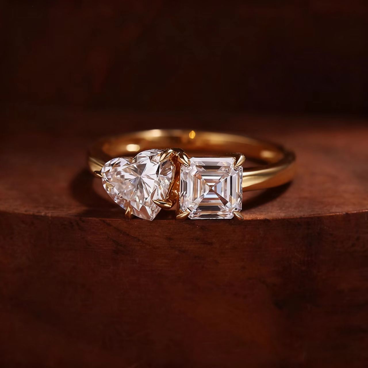 Toi et Moi 1ct Heart Cut & 1ct Asscher Cut Moissanite Ring | 18K Gold Plated 925 Sterling Silver Two-Stone Engagement Ring - BOCOS Jewelry