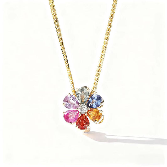Multicolored Lab-Grown Sapphire Flower Pendant | 18K Gold Plated 925 Sterling Silver Necklace with Moissanite - BOCOS Jewelry