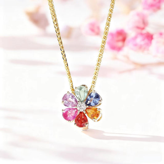 Multicolored Lab-Grown Sapphire Flower Pendant | 18K Gold Plated 925 Sterling Silver Necklace with Moissanite - BOCOS Jewelry