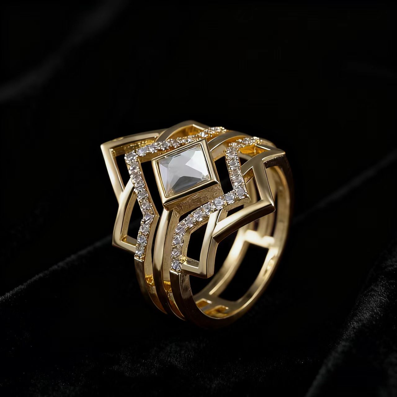 1ct Princess Cut Moissanite Ring | 18K Gold Plated 925 Sterling Silver Art Deco Geometric Ring - BOCOS Jewelry