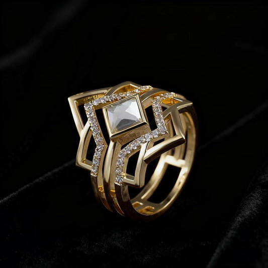 1ct Princess Cut Moissanite Ring | 18K Gold Plated 925 Sterling Silver Art Deco Geometric Ring - BOCOS Jewelry