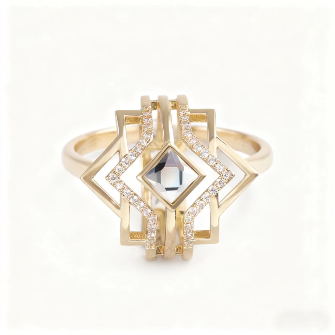 1ct Princess Cut Moissanite Ring | 18K Gold Plated 925 Sterling Silver Art Deco Geometric Ring - BOCOS Jewelry