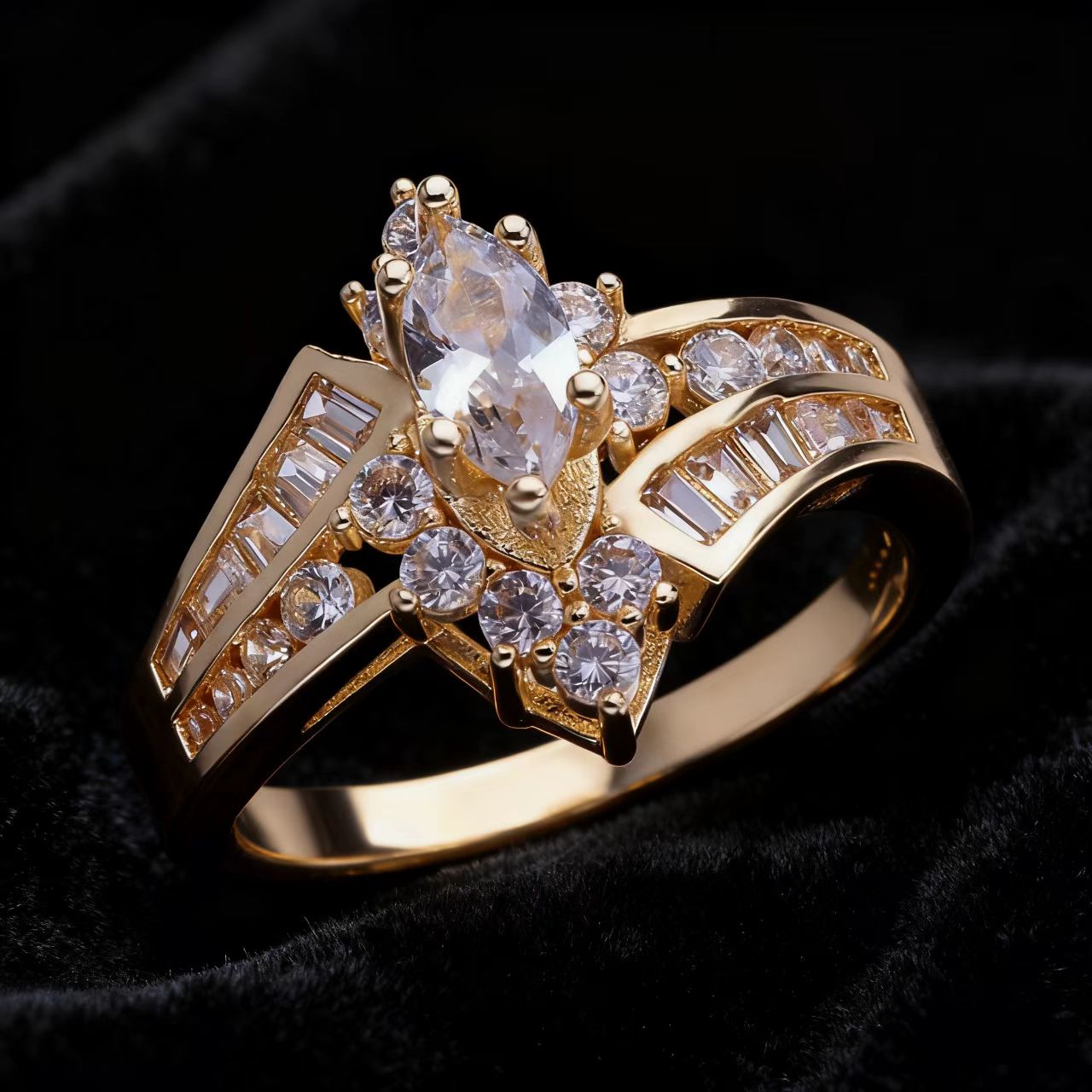 Marquise Cut Engagement Ring - Vintage Mixed-Cut Moissanite Ring