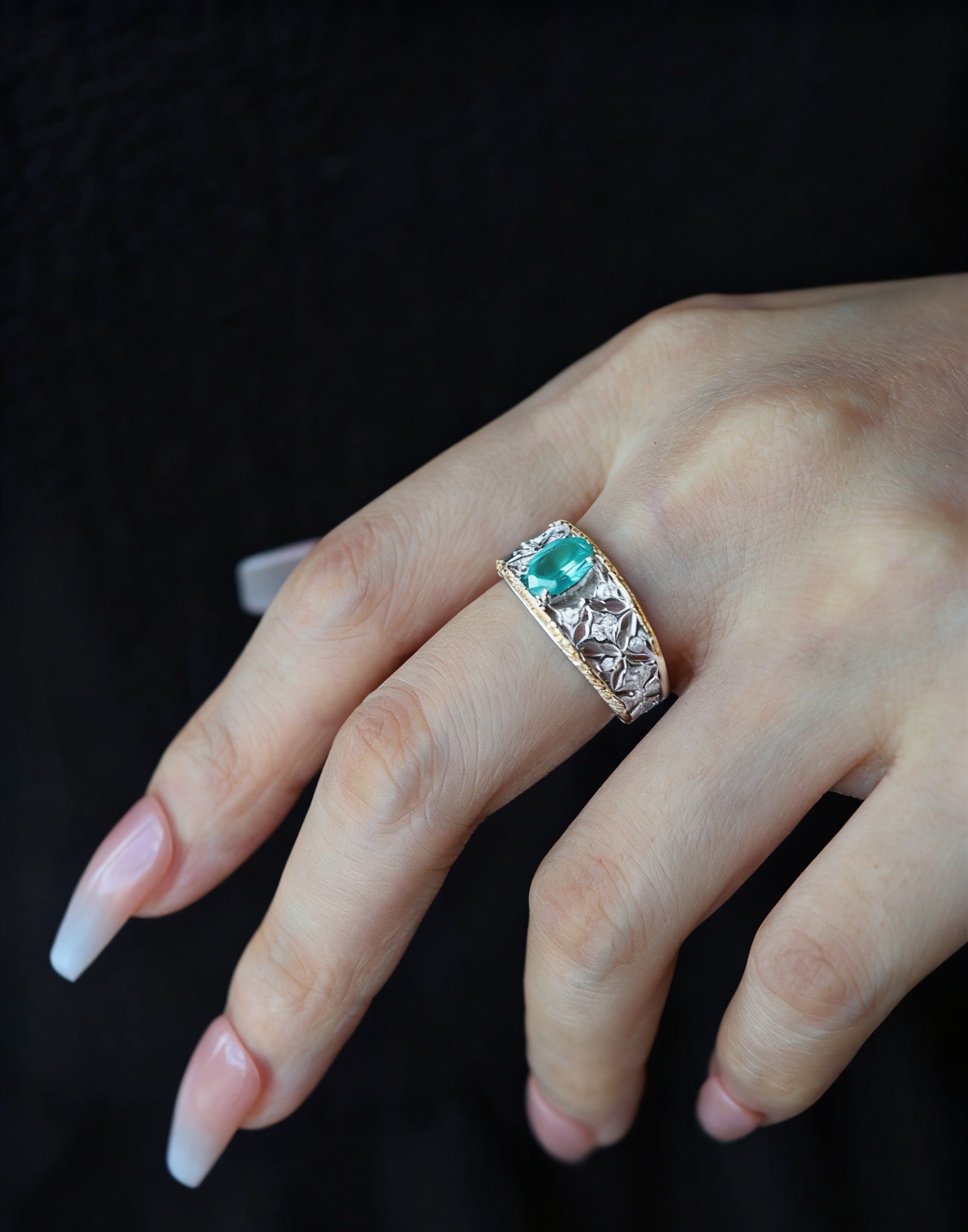 Oval Lab-Grown Paraíba Ring with Round Moissanite | 925 Sterling Silver Two-Tone Gold Plated Vintage Ring - BOCOS Jewelry