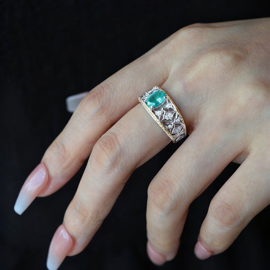 Oval Lab-Grown Paraíba Ring with Round Moissanite | 925 Sterling Silver Two-Tone Gold Plated Vintage Ring - BOCOS Jewelry