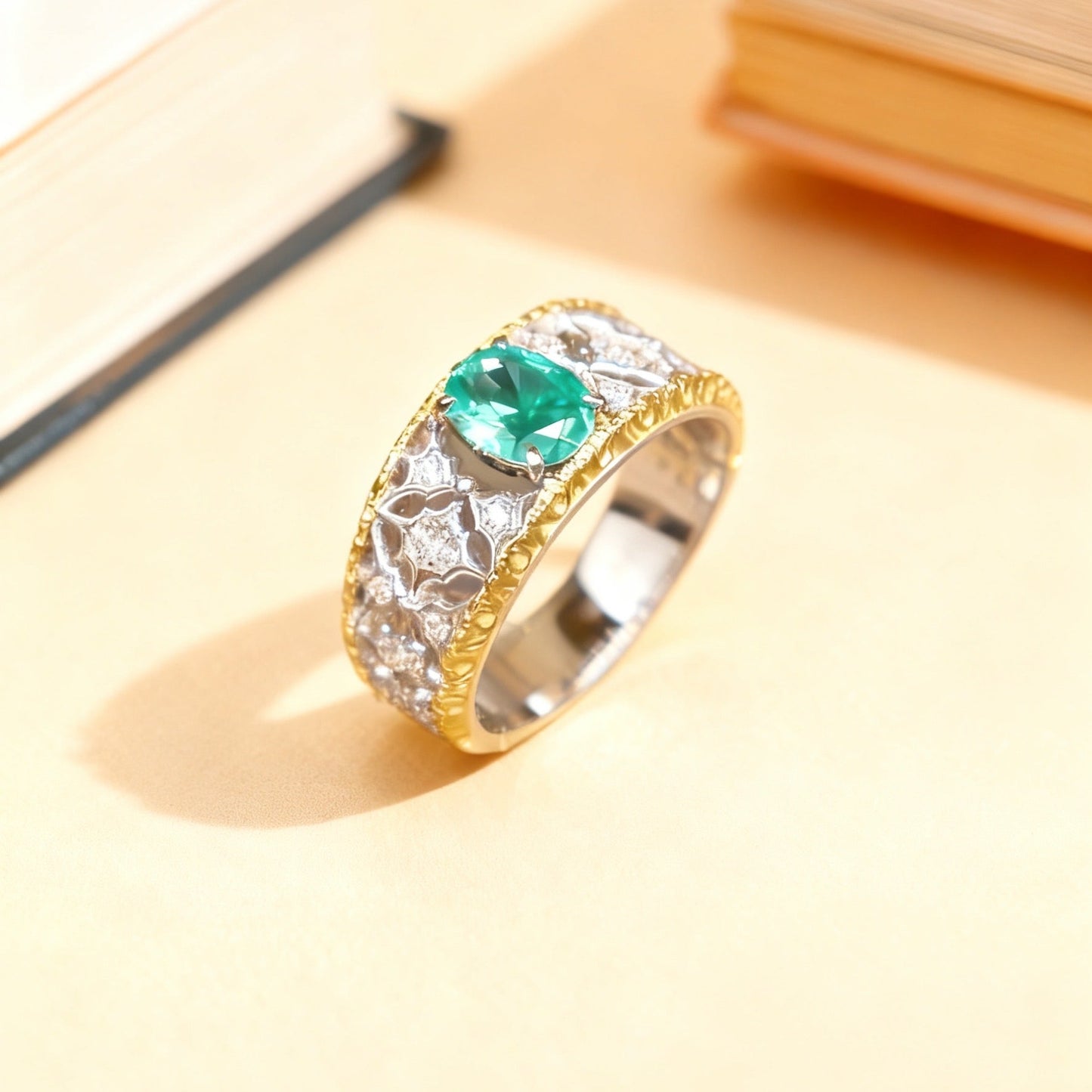 Oval Lab-Grown Paraíba Ring with Round Moissanite | 925 Sterling Silver Two-Tone Gold Plated Vintage Ring - BOCOS Jewelry