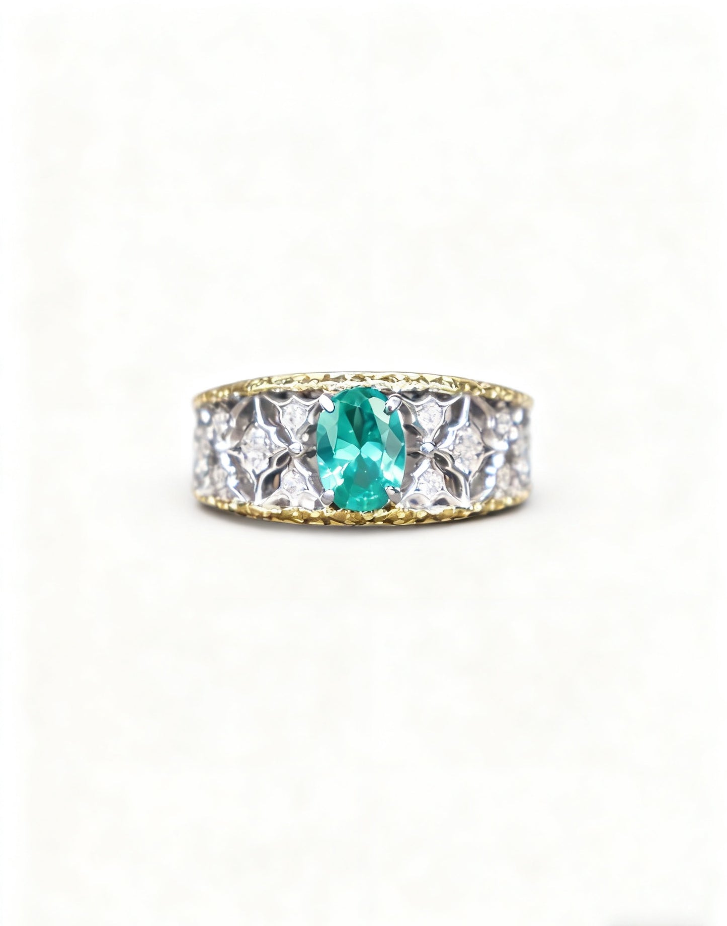 Oval Lab-Grown Paraíba Ring with Round Moissanite | 925 Sterling Silver Two-Tone Gold Plated Vintage Ring - BOCOS Jewelry