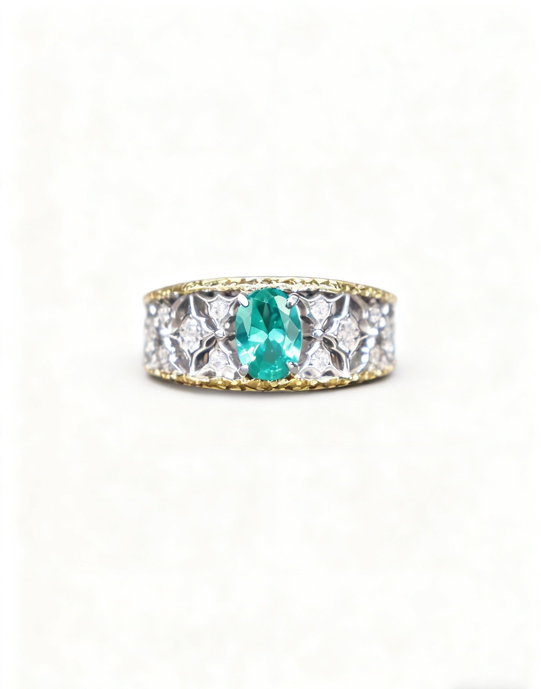 Oval Lab-Grown Paraíba Ring with Round Moissanite | 925 Sterling Silver Two-Tone Gold Plated Vintage Ring - BOCOS Jewelry