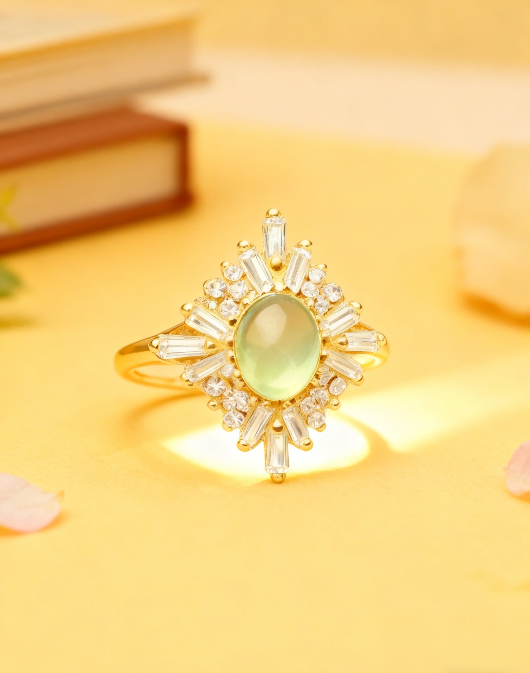 1.2ct Oval Prehnite Ring with Moissanite | 18K Gold Plated 925 Sterling Silver Dainty Daily Ring - BOCOS Jewelry