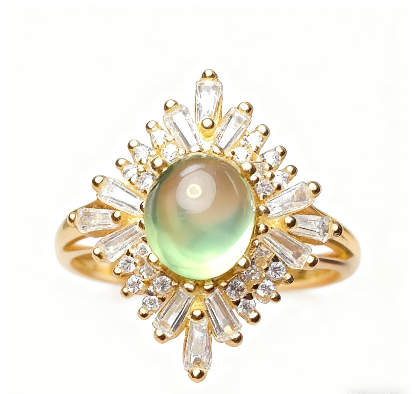 1.2ct Oval Prehnite Ring with Moissanite | 18K Gold Plated 925 Sterling Silver Dainty Daily Ring - BOCOS Jewelry