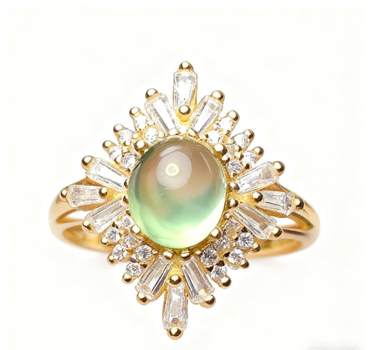 1.2ct Oval Prehnite Ring with Moissanite | 18K Gold Plated 925 Sterling Silver Dainty Daily Ring - BOCOS Jewelry
