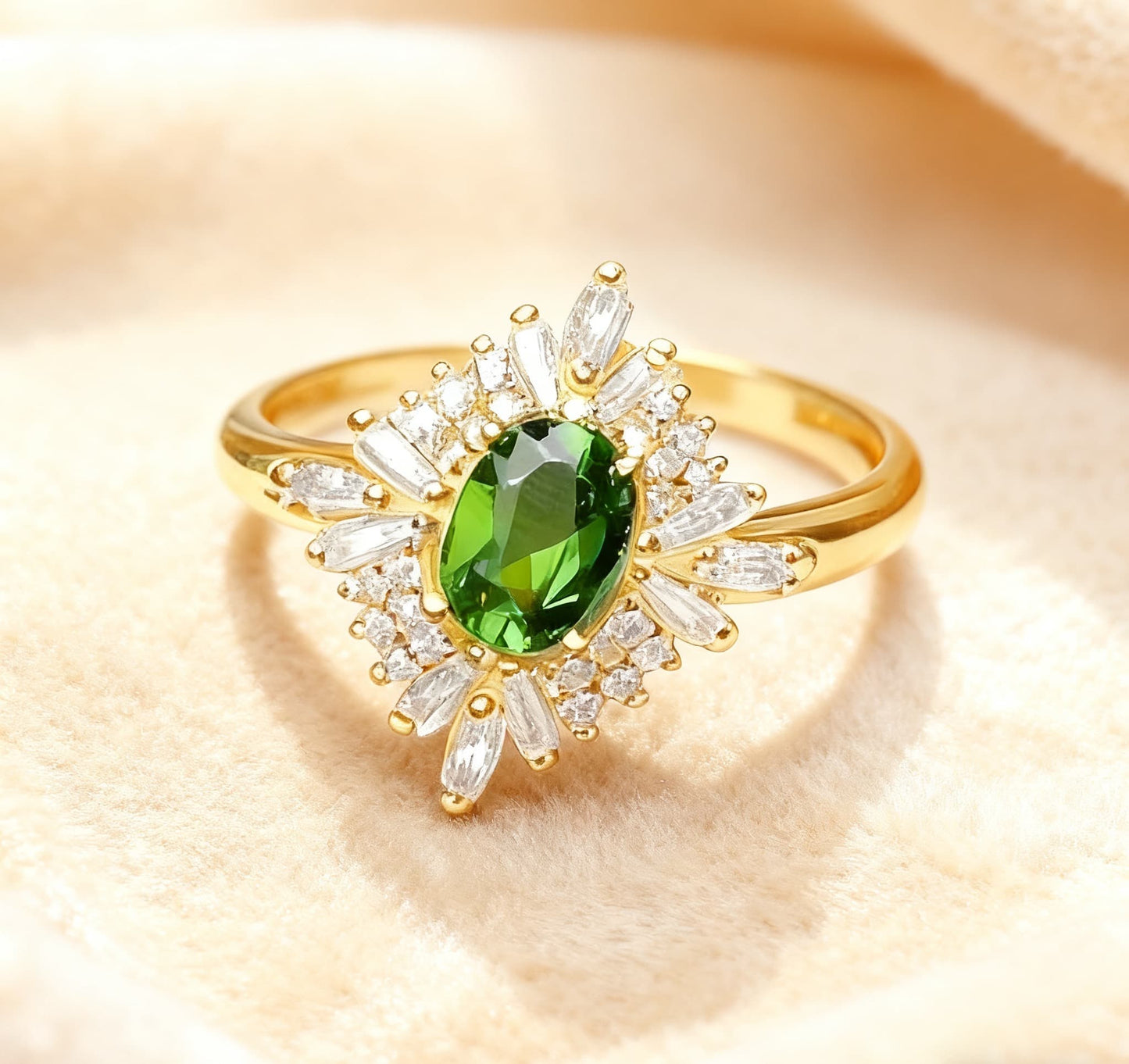 1.5ct Oval Diopside Ring with Moissanite | 18K Gold Plated 925 Sterling Silver Vintage Firework Ring - BOCOS Jewelry