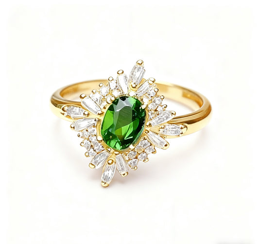 1.5ct Oval Diopside Ring with Moissanite | 18K Gold Plated 925 Sterling Silver Vintage Firework Ring - BOCOS Jewelry