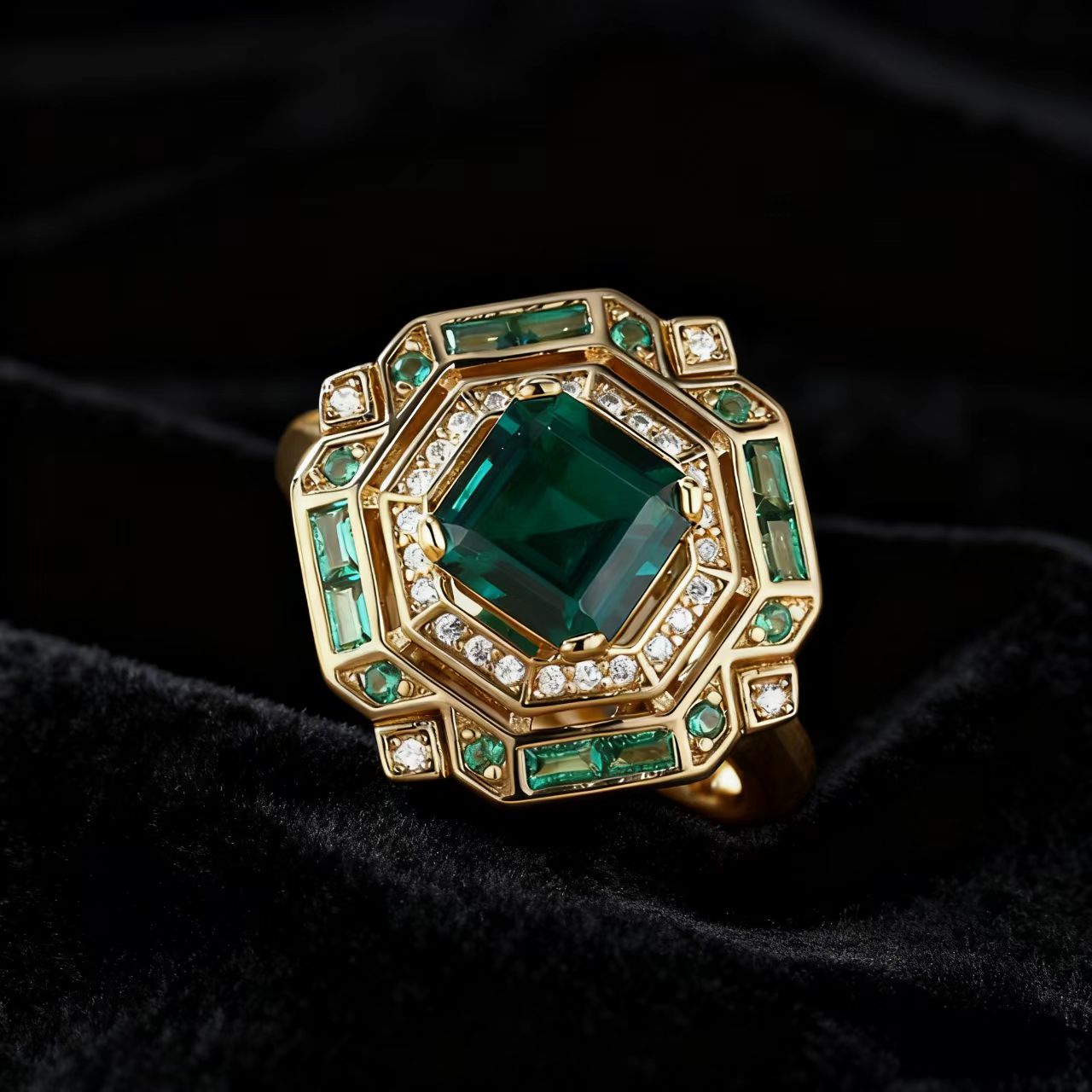 2ct Square Emerald Cut (Asscher Cut) Lab-Grown Emerald Ring with Moissanite & Emerald Accents | 18K Gold Plated 925 Sterling Silver Art Deco Statement Ring - BOCOS Jewelry