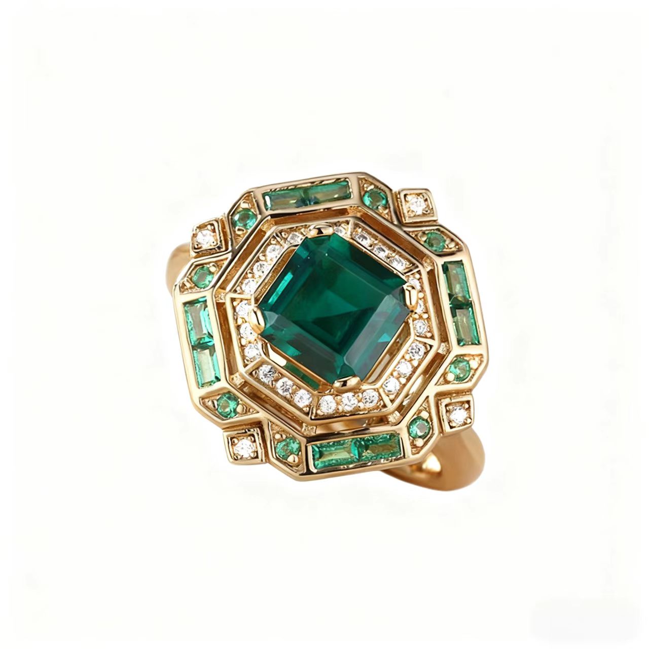 2ct Square Emerald Cut (Asscher Cut) Lab-Grown Emerald Ring with Moissanite & Emerald Accents | 18K Gold Plated 925 Sterling Silver Art Deco Statement Ring - BOCOS Jewelry