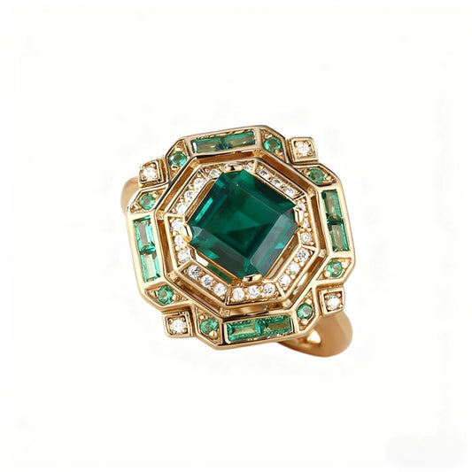 2ct Square Emerald Cut (Asscher Cut) Lab-Grown Emerald Ring with Moissanite & Emerald Accents | 18K Gold Plated 925 Sterling Silver Art Deco Statement Ring - BOCOS Jewelry