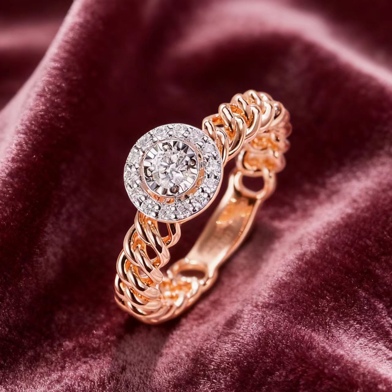 1ct Round Moissanite Halo Ring | 925 Sterling Silver Rose Gold Plated Two-Tone Chain Ring - BOCOS Jewelry