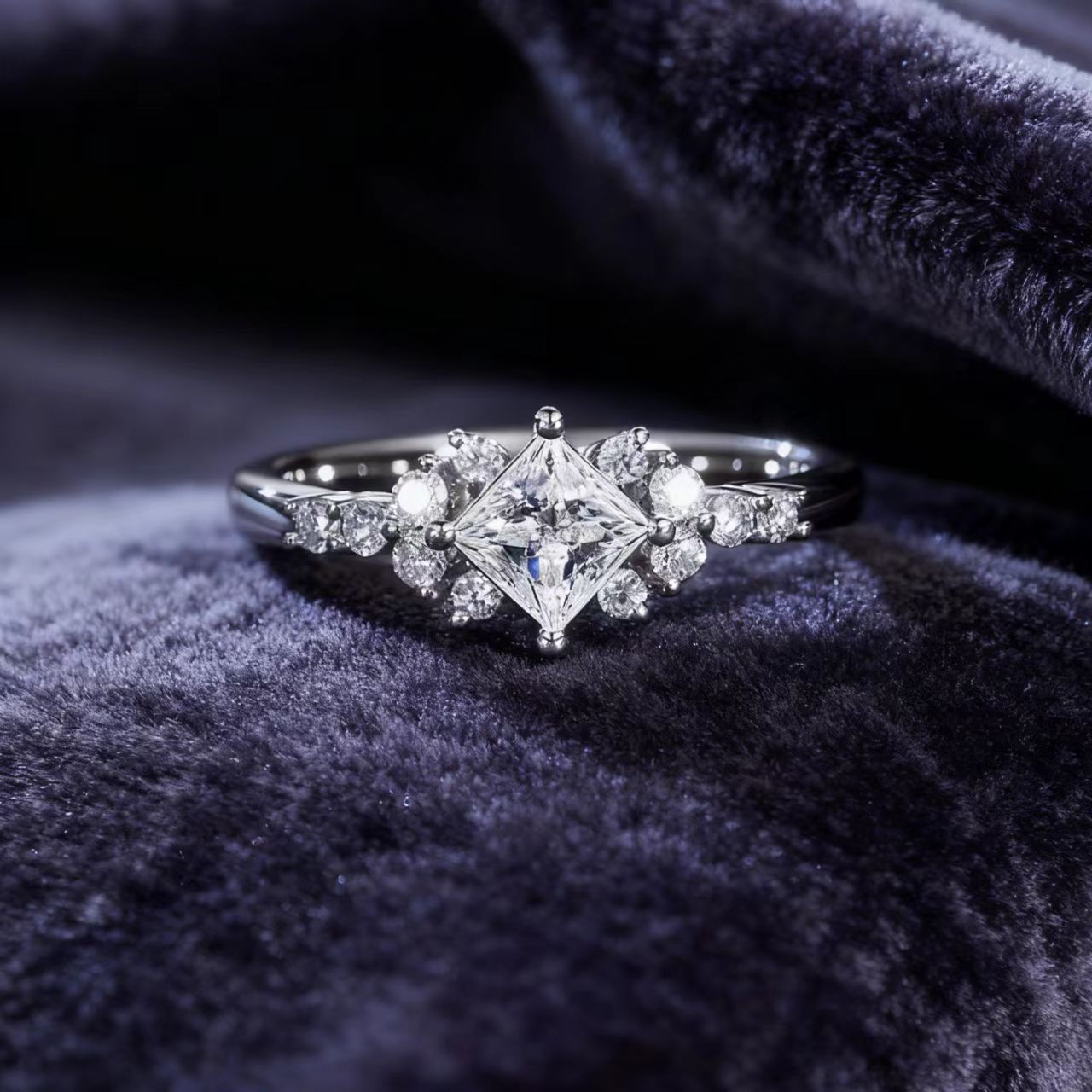 1ct Princess Cut Moissanite Ring | 925 Sterling Silver Platinum Plated Floral Cluster Ring - BOCOS Jewelry