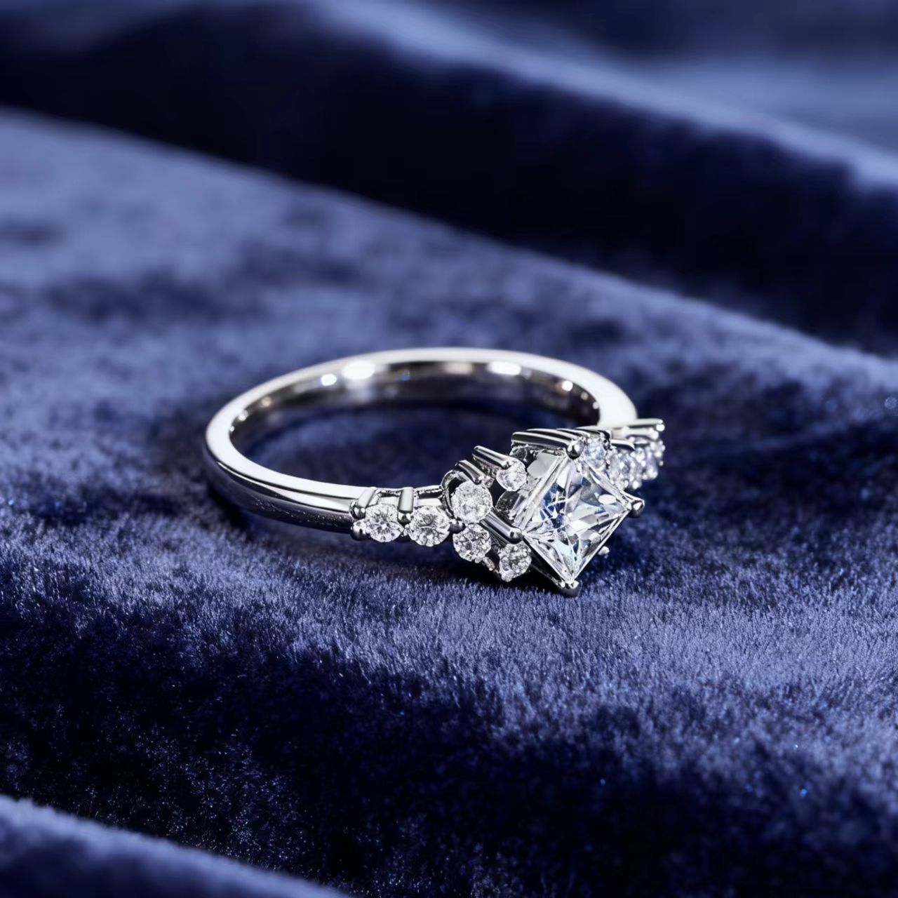 1ct Princess Cut Moissanite Ring | 925 Sterling Silver Platinum Plated Floral Cluster Ring - BOCOS Jewelry