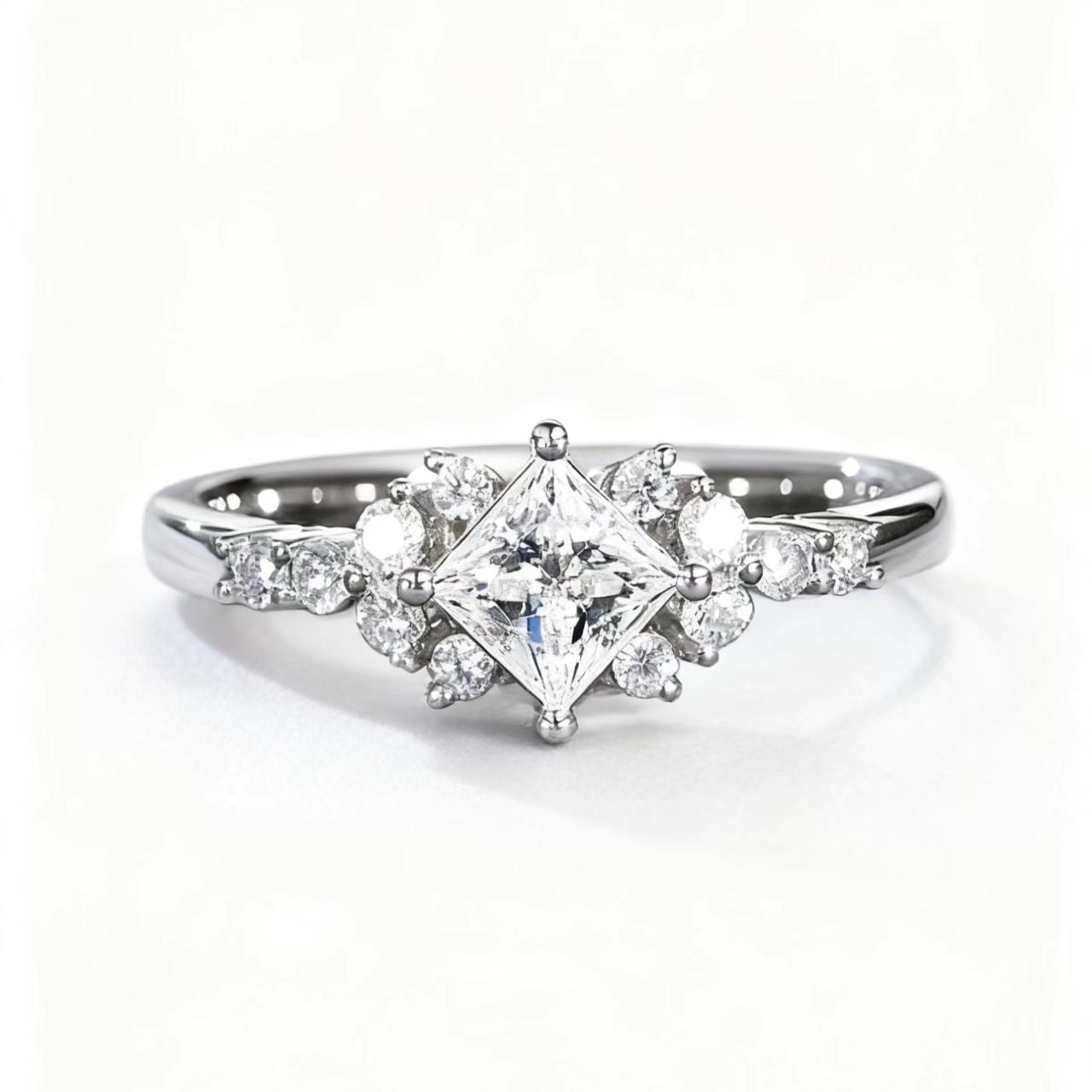 1ct Princess Cut Moissanite Ring | 925 Sterling Silver Platinum Plated Floral Cluster Ring - BOCOS Jewelry