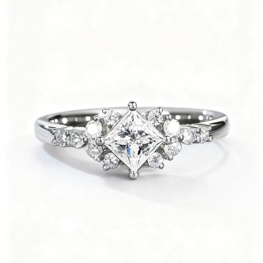 1ct Princess Cut Moissanite Ring | 925 Sterling Silver Platinum Plated Floral Cluster Ring - BOCOS Jewelry