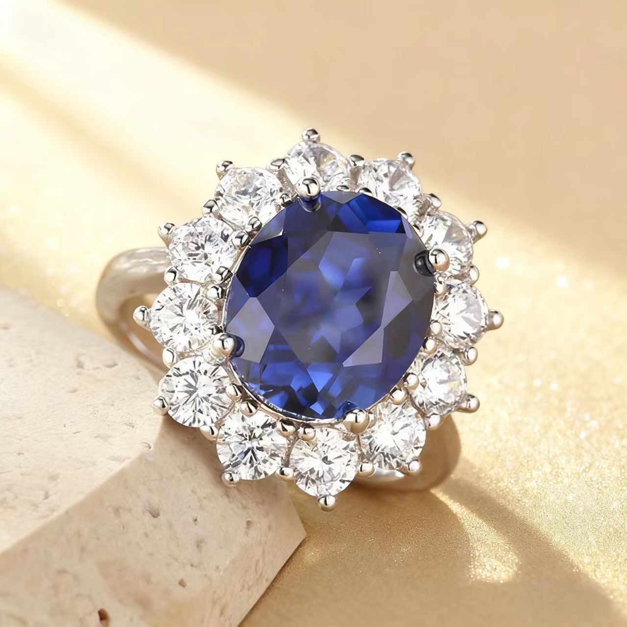 5ct Oval Cut Lab-Grown Blue Sapphire Halo Ring | 925 Sterling Silver Platinum Plated Statement Ring
